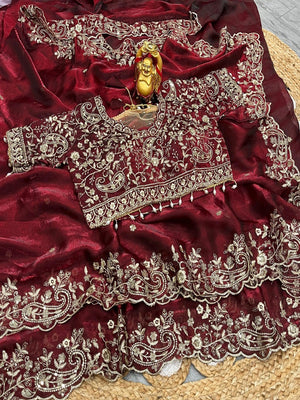 Luxurious Maroon Floral Zari & Thread Organza Satin Silk Saree With An Artistic Arco Cut Border - Image 2