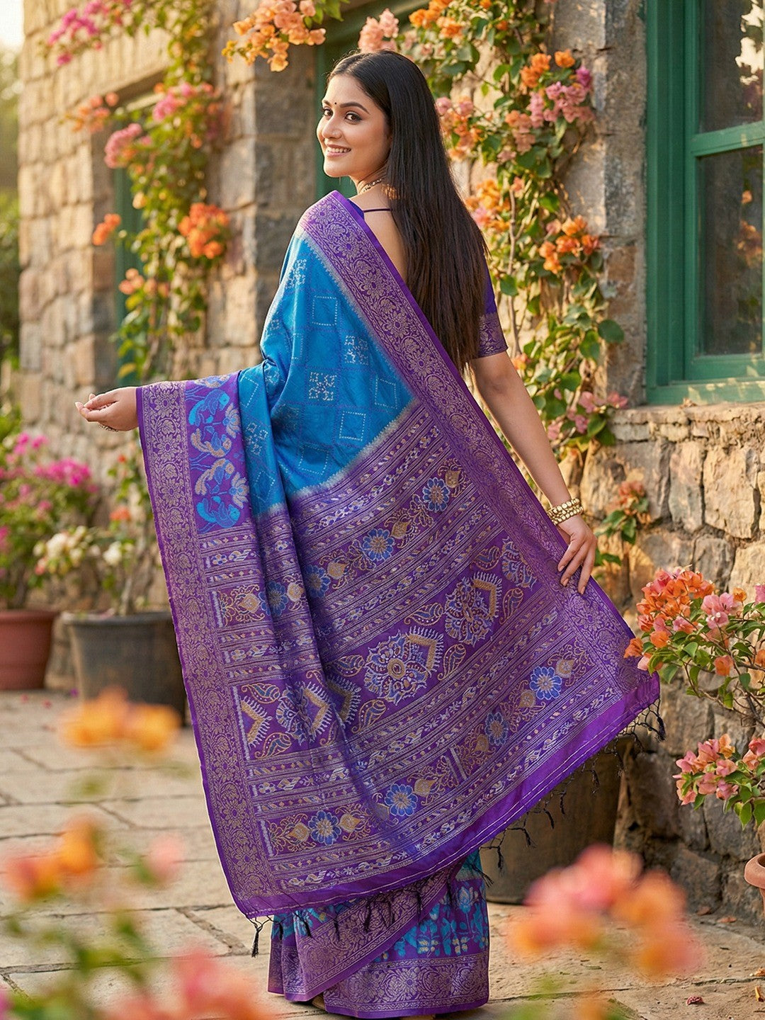 Sophisticated Blue Silk Blend Saree Highlighted By Vibrant Zari Border & Traditional Weaving Work - Image 3