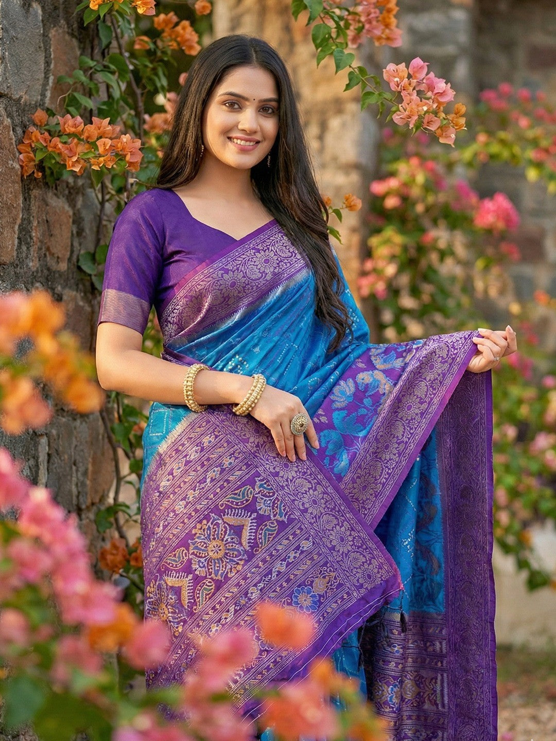 Sophisticated Blue Silk Blend Saree Highlighted By Vibrant Zari Border & Traditional Weaving Work - Image 2