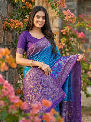 Sophisticated Blue Silk Blend Saree Highlighted By Vibrant Zari Border & Traditional Weaving Work - Image 2