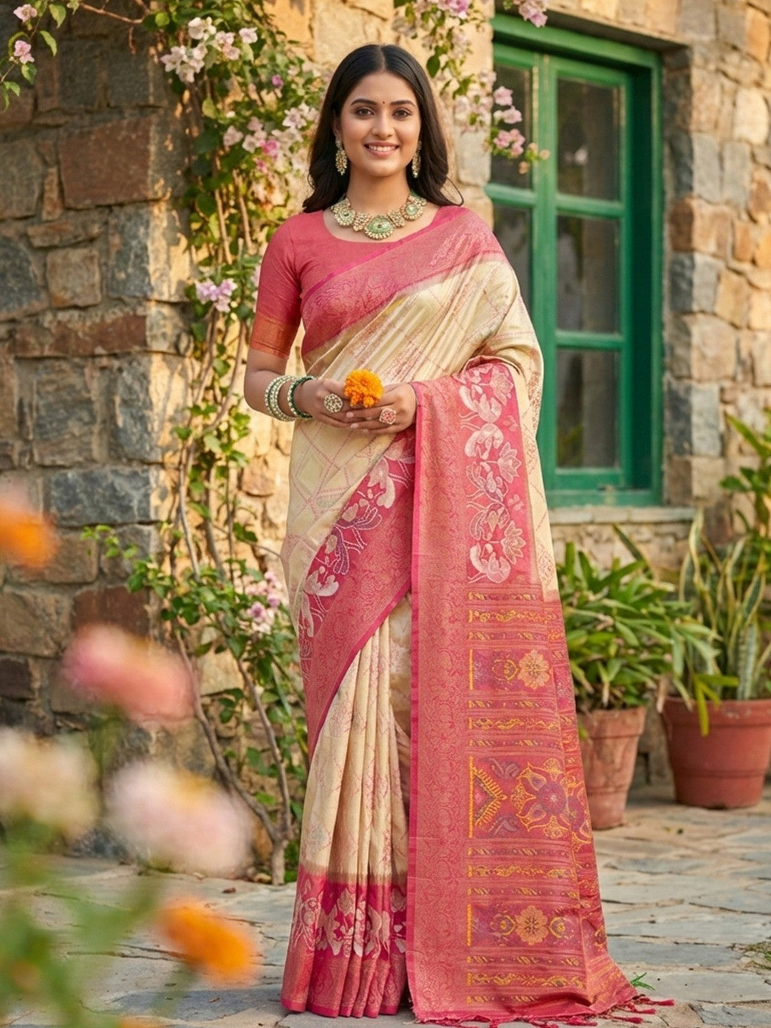 Sophisticated Cream Silk Blend Saree Highlighted By Vibrant Zari Border & Traditional Weaving Work - Image 1