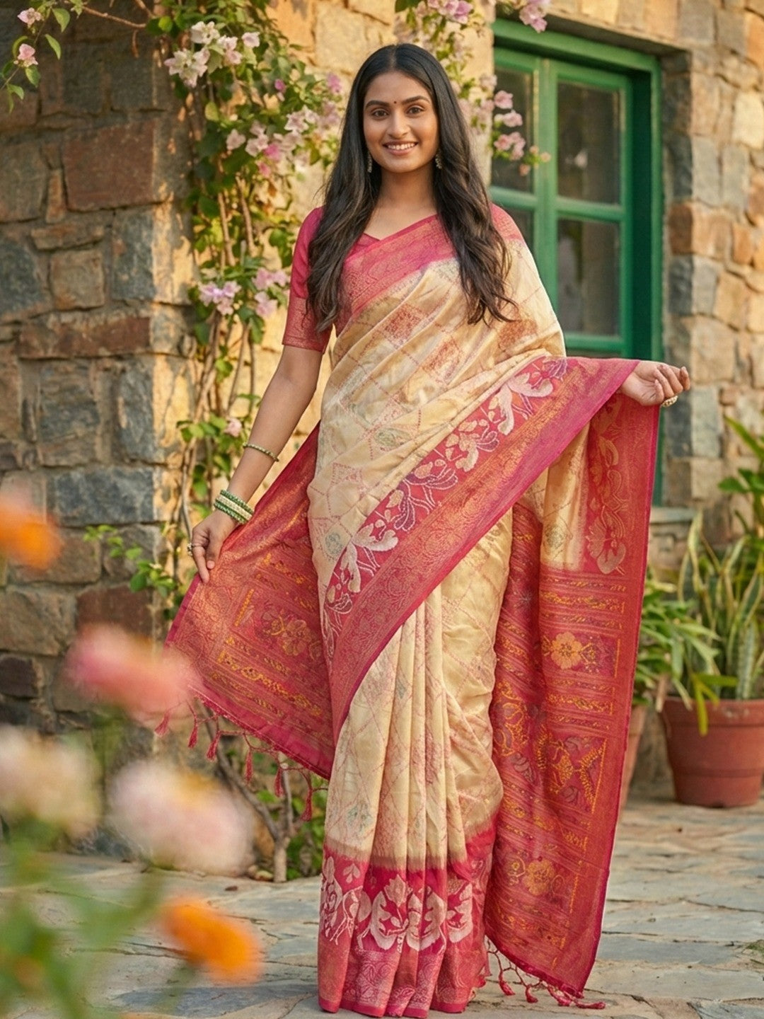 Sophisticated Cream Silk Blend Saree Highlighted By Vibrant Zari Border & Traditional Weaving Work - Image 3
