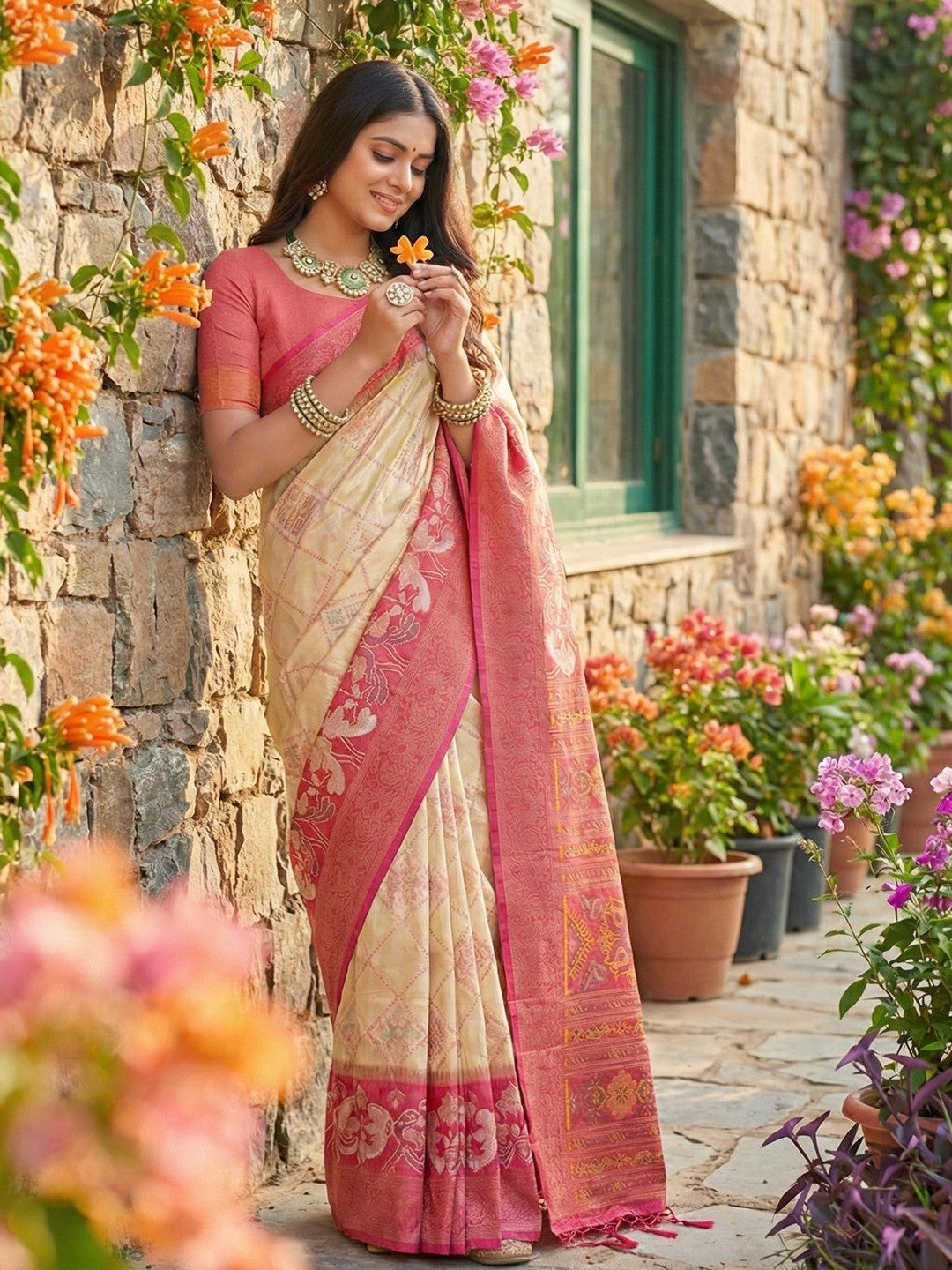 Sophisticated Cream Silk Blend Saree Highlighted By Vibrant Zari Border & Traditional Weaving Work - Image 4