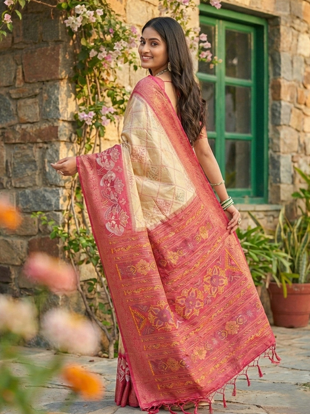 Sophisticated Cream Silk Blend Saree Highlighted By Vibrant Zari Border & Traditional Weaving Work - Image 4
