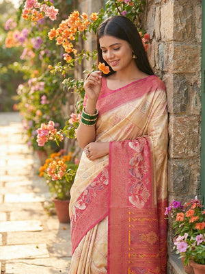 Sophisticated Cream Silk Blend Saree Highlighted By Vibrant Zari Border & Traditional Weaving Work - Image 2