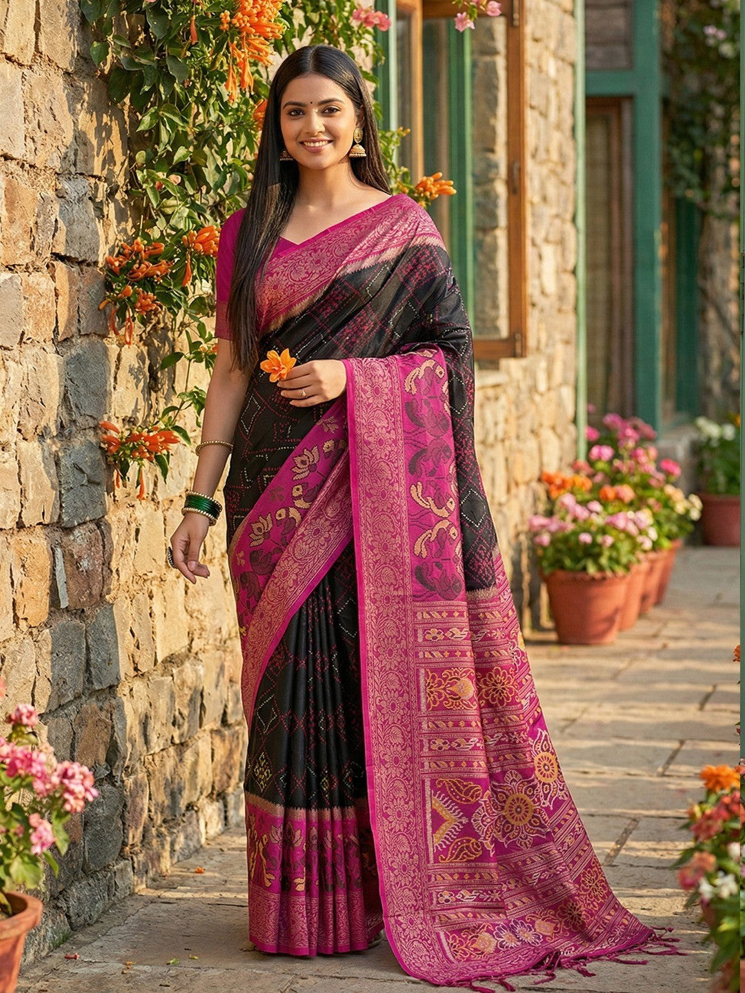 Sophisticated Black Silk Blend Saree Highlighted By Vibrant Zari Border & Traditional Weaving Work - Image 1