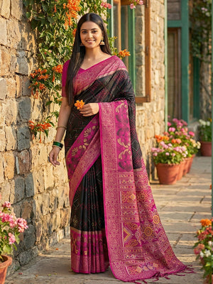 Sophisticated Black Silk Blend Saree Highlighted By Vibrant Zari Border & Traditional Weaving Work - Image 1