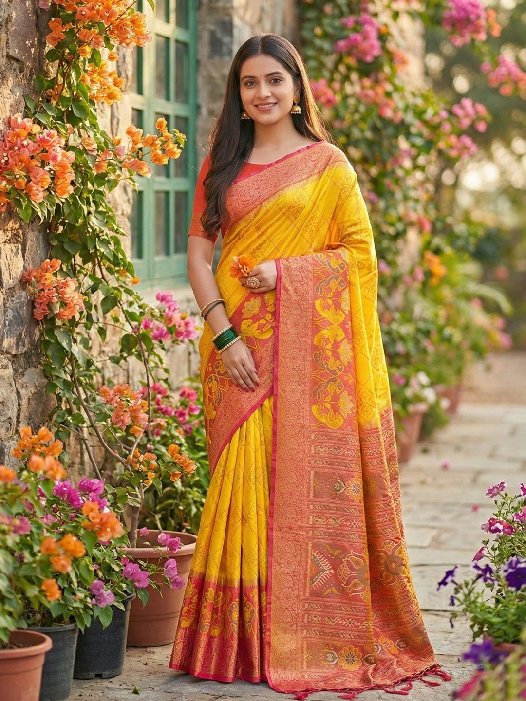 Sophisticated Yellow Silk Blend Saree Highlighted By Vibrant Zari Border & Traditional Weaving Work - Image 1