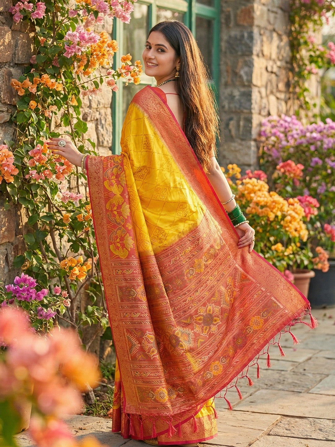 Sophisticated Yellow Silk Blend Saree Highlighted By Vibrant Zari Border & Traditional Weaving Work - Image 4