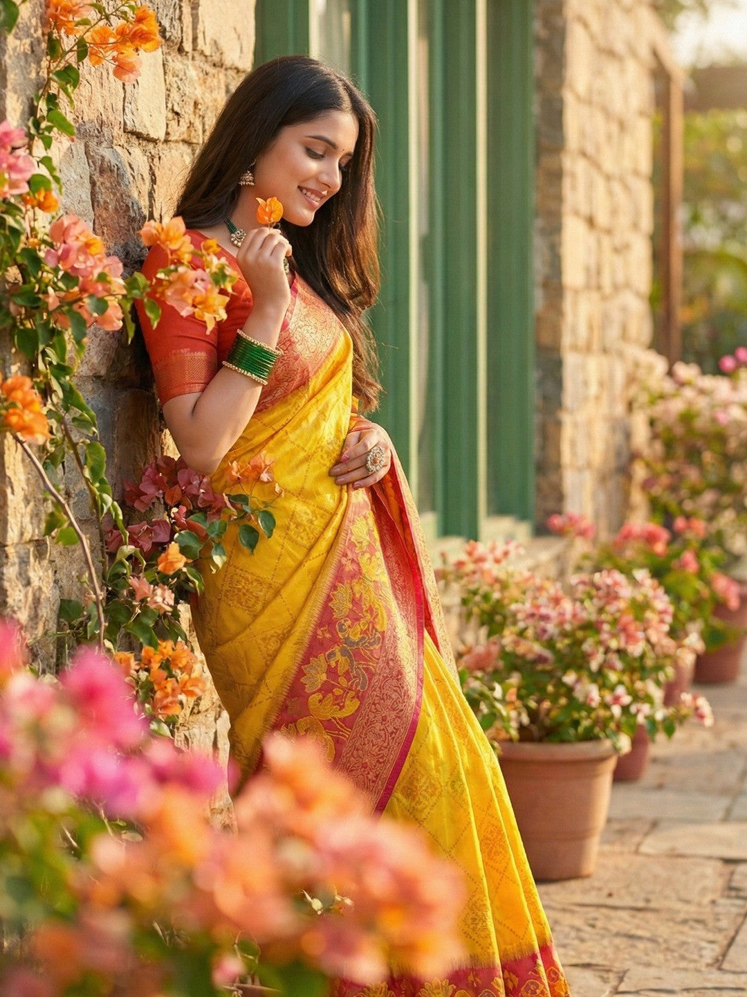 Sophisticated Yellow Silk Blend Saree Highlighted By Vibrant Zari Border & Traditional Weaving Work - Image 3