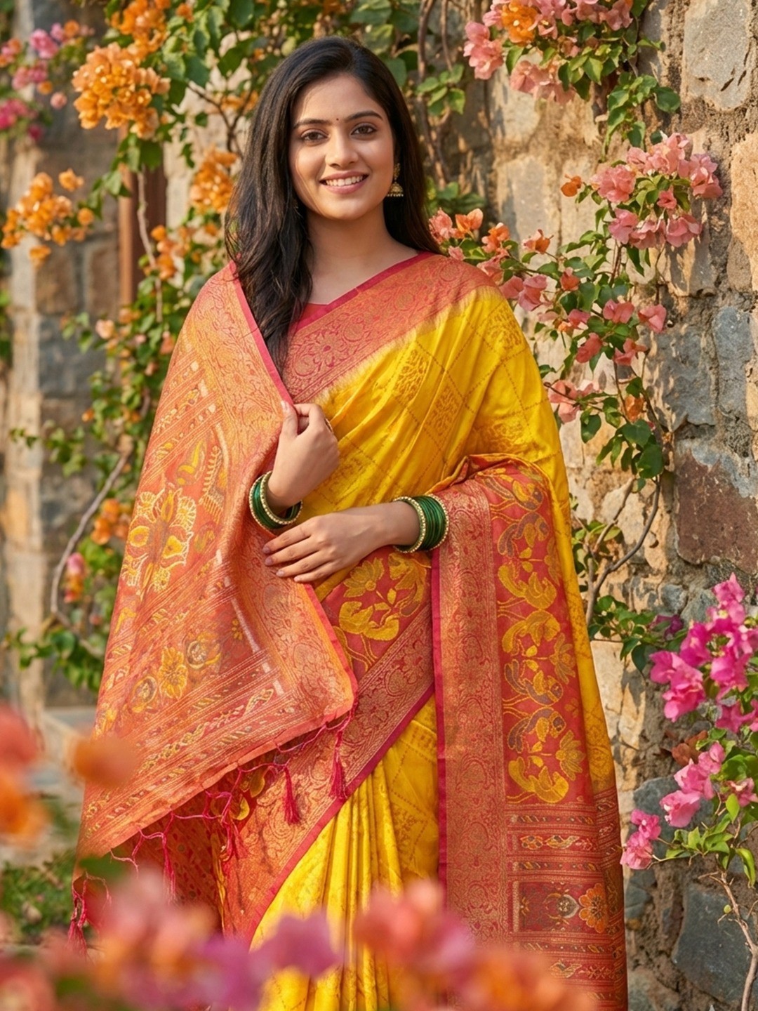 Sophisticated Yellow Silk Blend Saree Highlighted By Vibrant Zari Border & Traditional Weaving Work - Image 3
