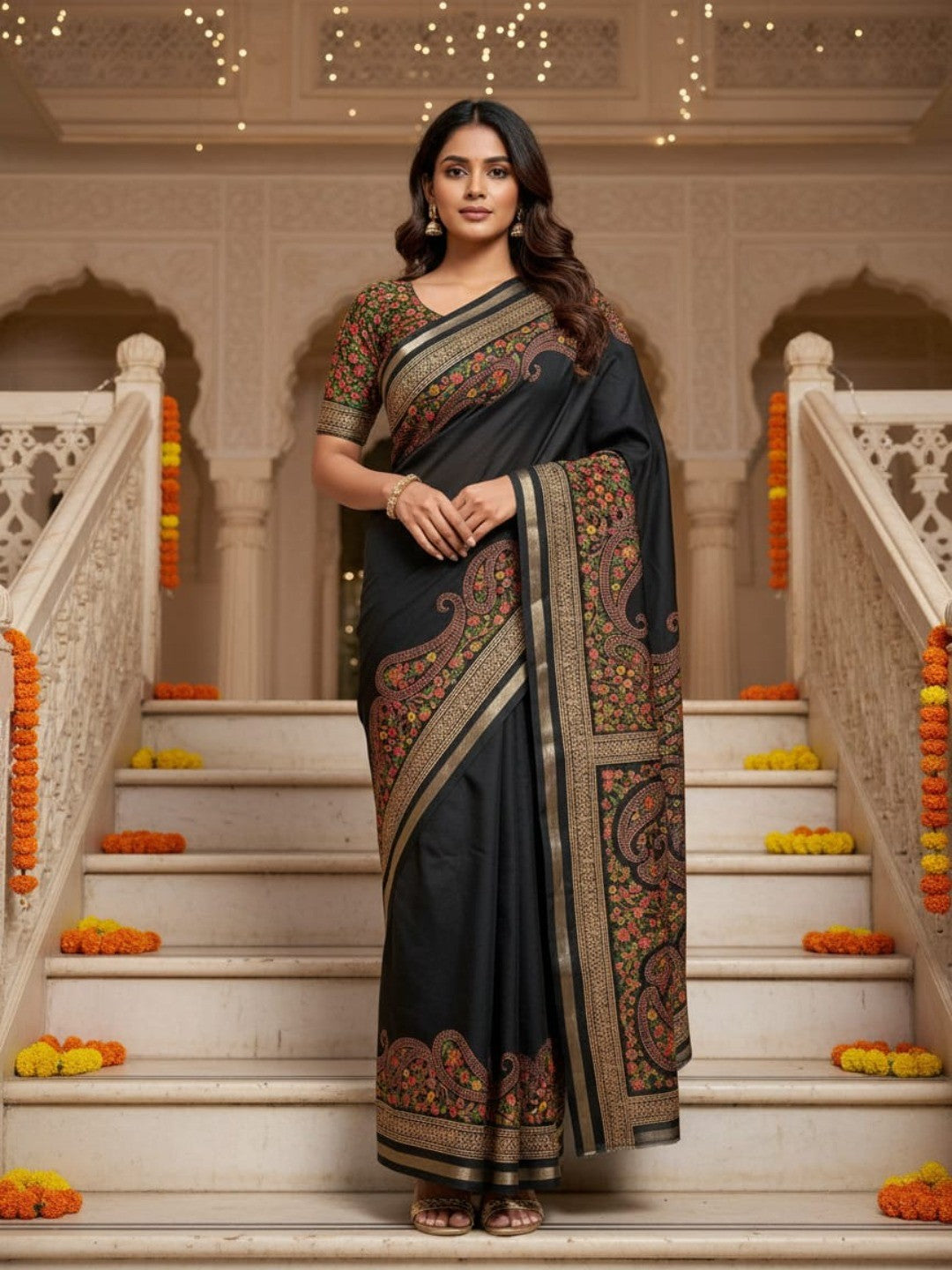 Black Tussar Silk Saree with Classic Paisley Pattern and Refined Traditional Finish - Image 1