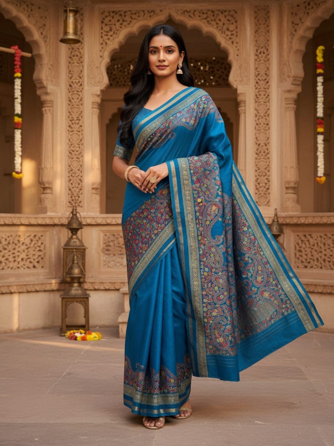 Teal Tussar Silk Saree with Classic Paisley Pattern and Refined Traditional Finish - Image 1
