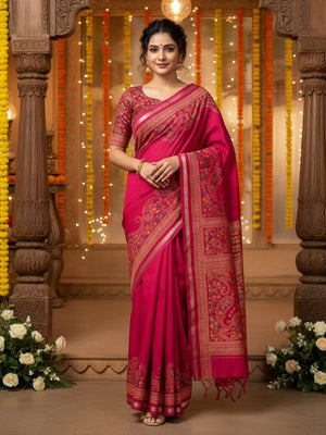 Pink Tussar Silk Saree with Classic Paisley Pattern and Refined Traditional Finish - Image 1