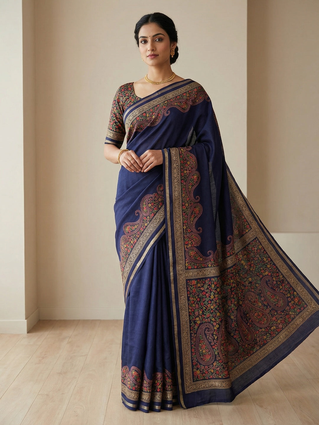 Navy Blue Tussar Silk Saree with Classic Paisley Pattern and Refined Traditional Finish - Image 1