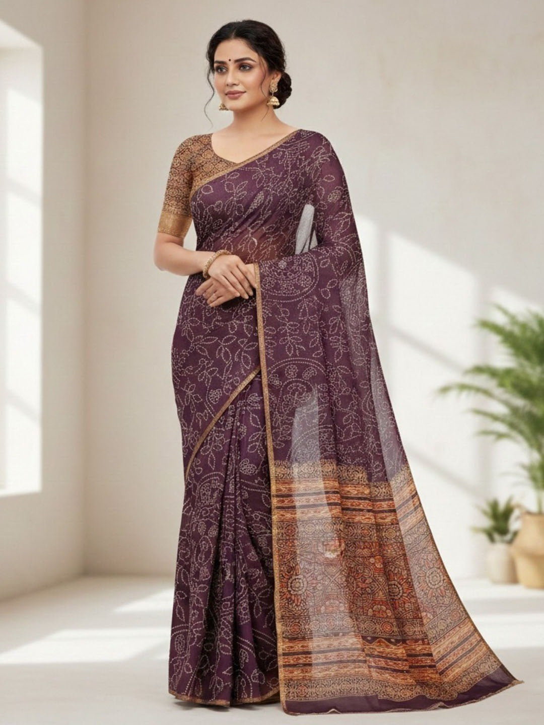 Wine Chanderi Cotton Saree with Printed Design - Image 1
