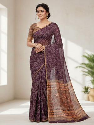 Wine Chanderi Cotton Saree with Printed Design - Image 1