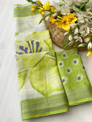 Elegant Green Linen Saree with Floral Print and Border Detail - Image 2