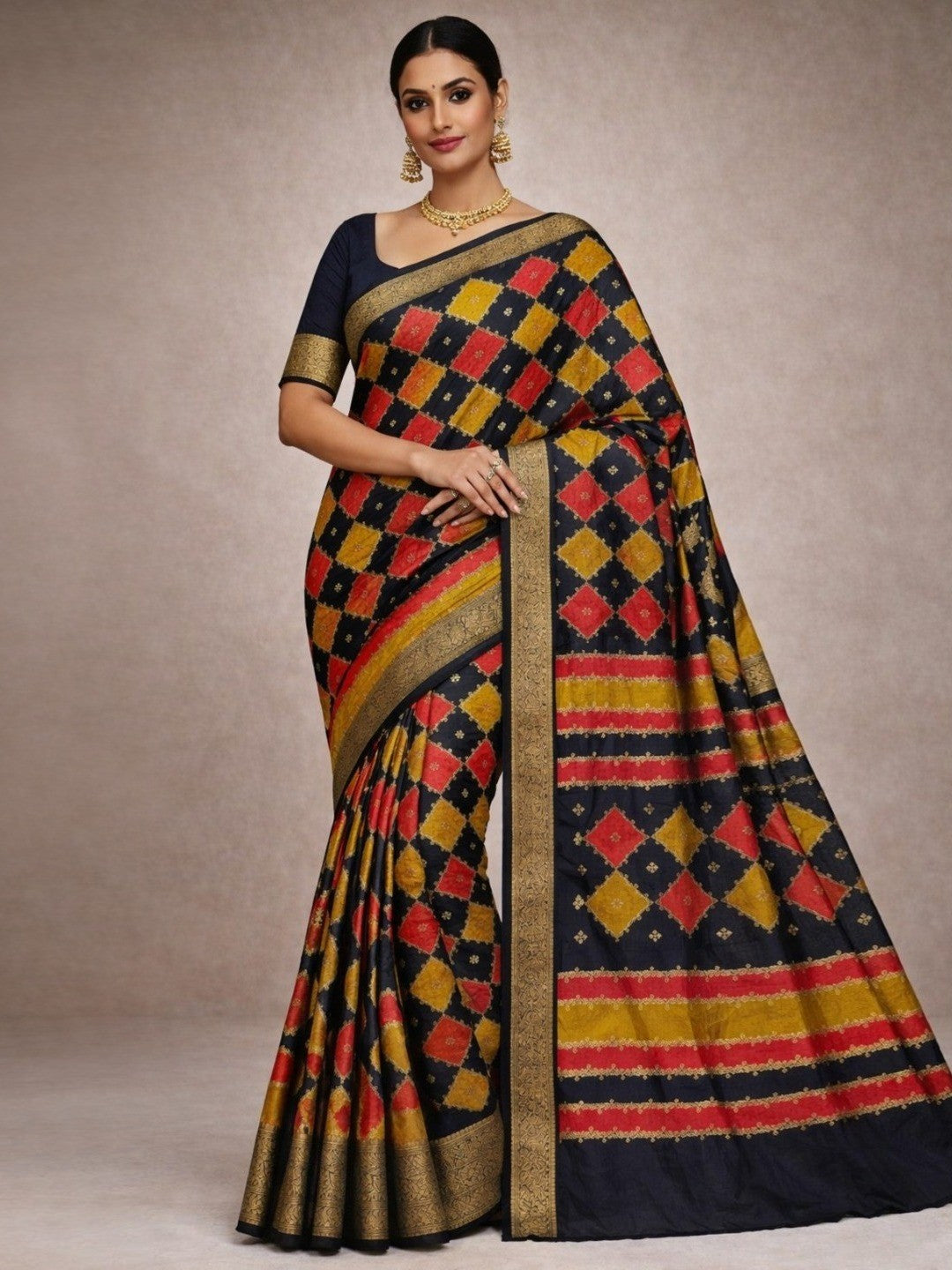 Multicolor Georgette Saree with Woven Zari Border and Foil Print - Image 1