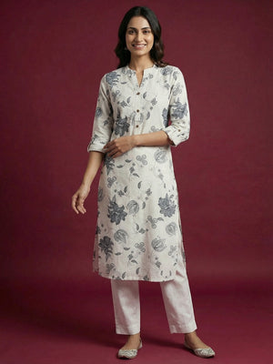 Ethnic Style Offwhite Floral Print Pure Cotton Straight Fit Kurti for Casual Wear - Image 1