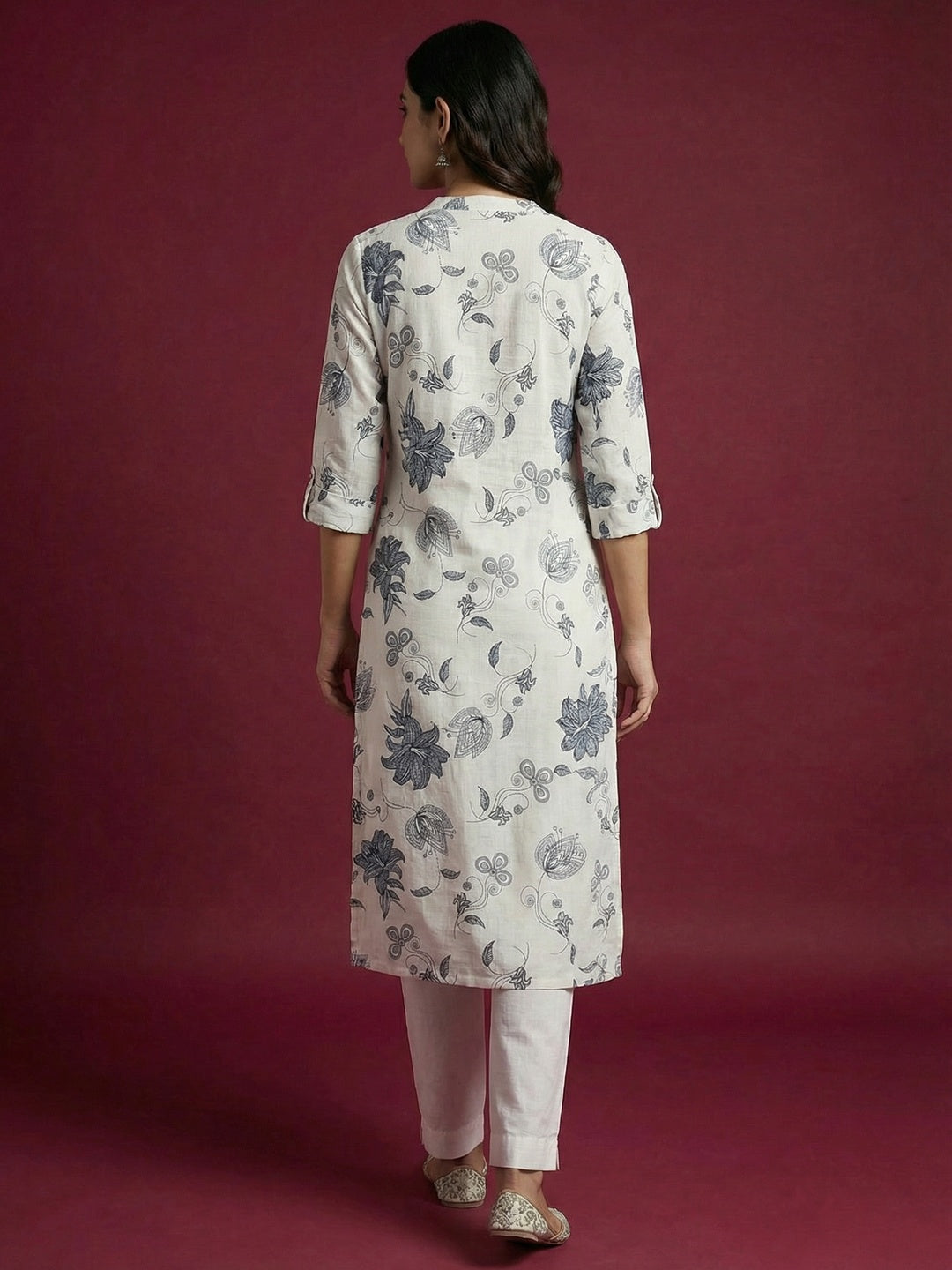 Ethnic Style Offwhite Floral Print Pure Cotton Straight Fit Kurti for Casual Wear - Image 3