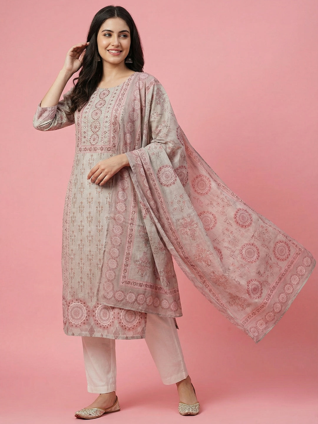 Grey Floral Print with Beads Work Embroidered Pure Cotton Salwar Suit - Image 1