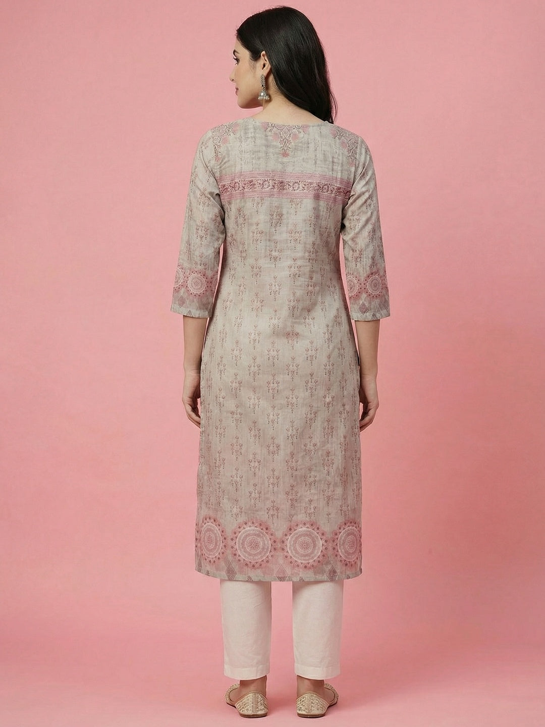 Grey Floral Print with Beads Work Embroidered Pure Cotton Salwar Suit - Image 3