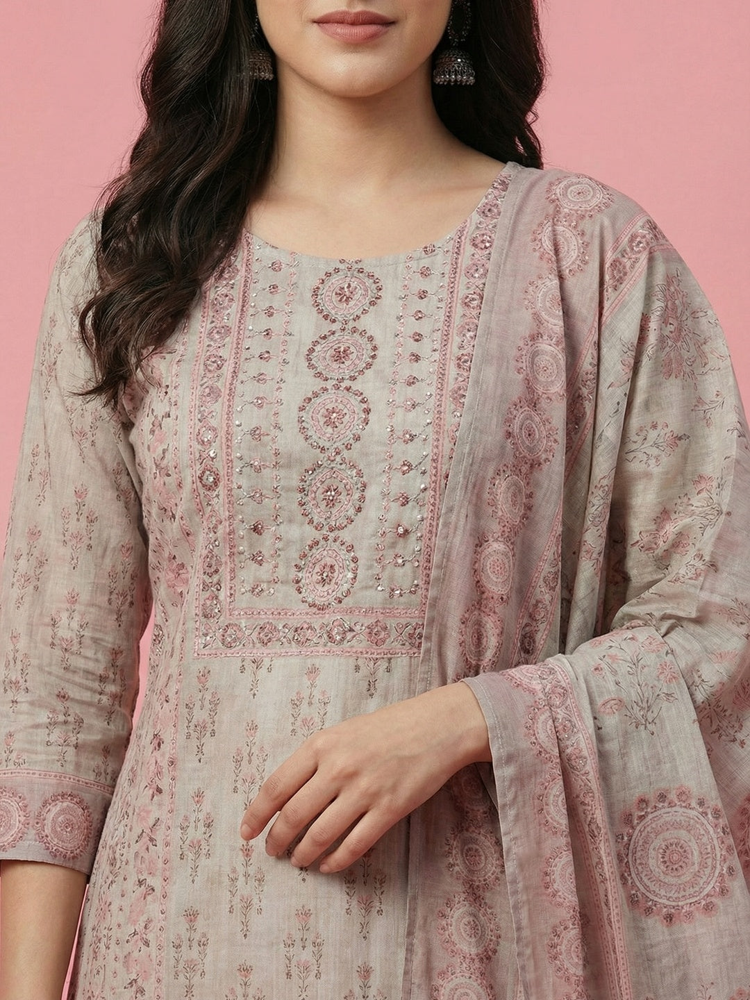 Grey Floral Print with Beads Work Embroidered Pure Cotton Salwar Suit - Image 4