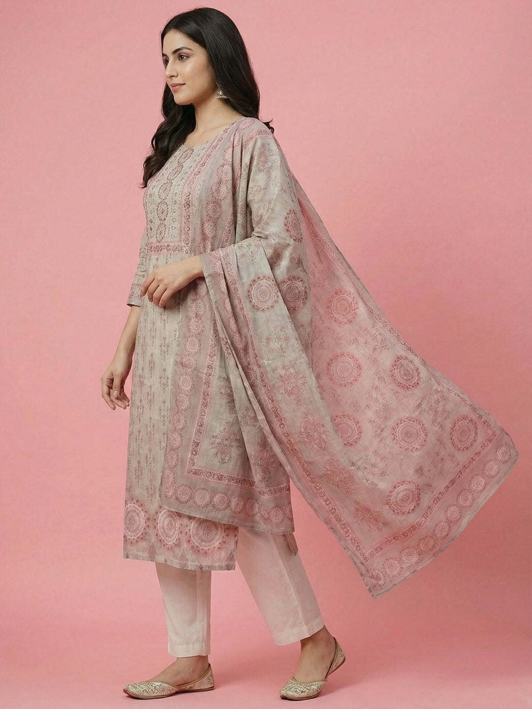 Grey Floral Print with Beads Work Embroidered Pure Cotton Salwar Suit - Image 2