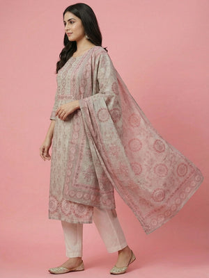 Grey Floral Print with Beads Work Embroidered Pure Cotton Salwar Suit - Image 2