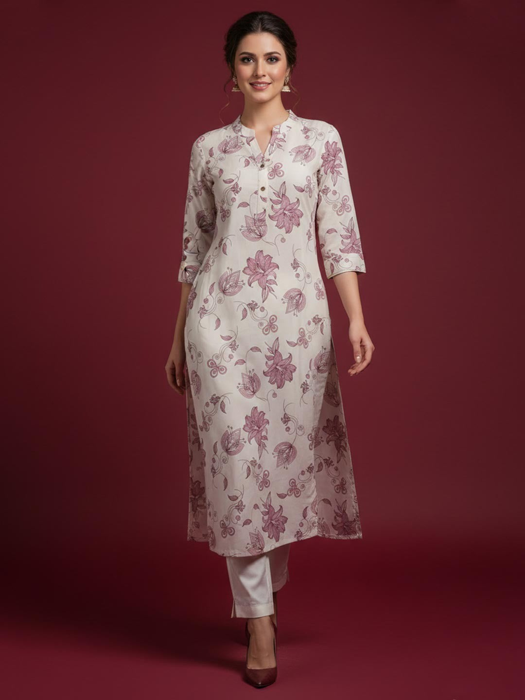 Ethnic Style Offwhite Floral Print Pure Cotton Straight Fit Kurti for Casual Wear - Image 1