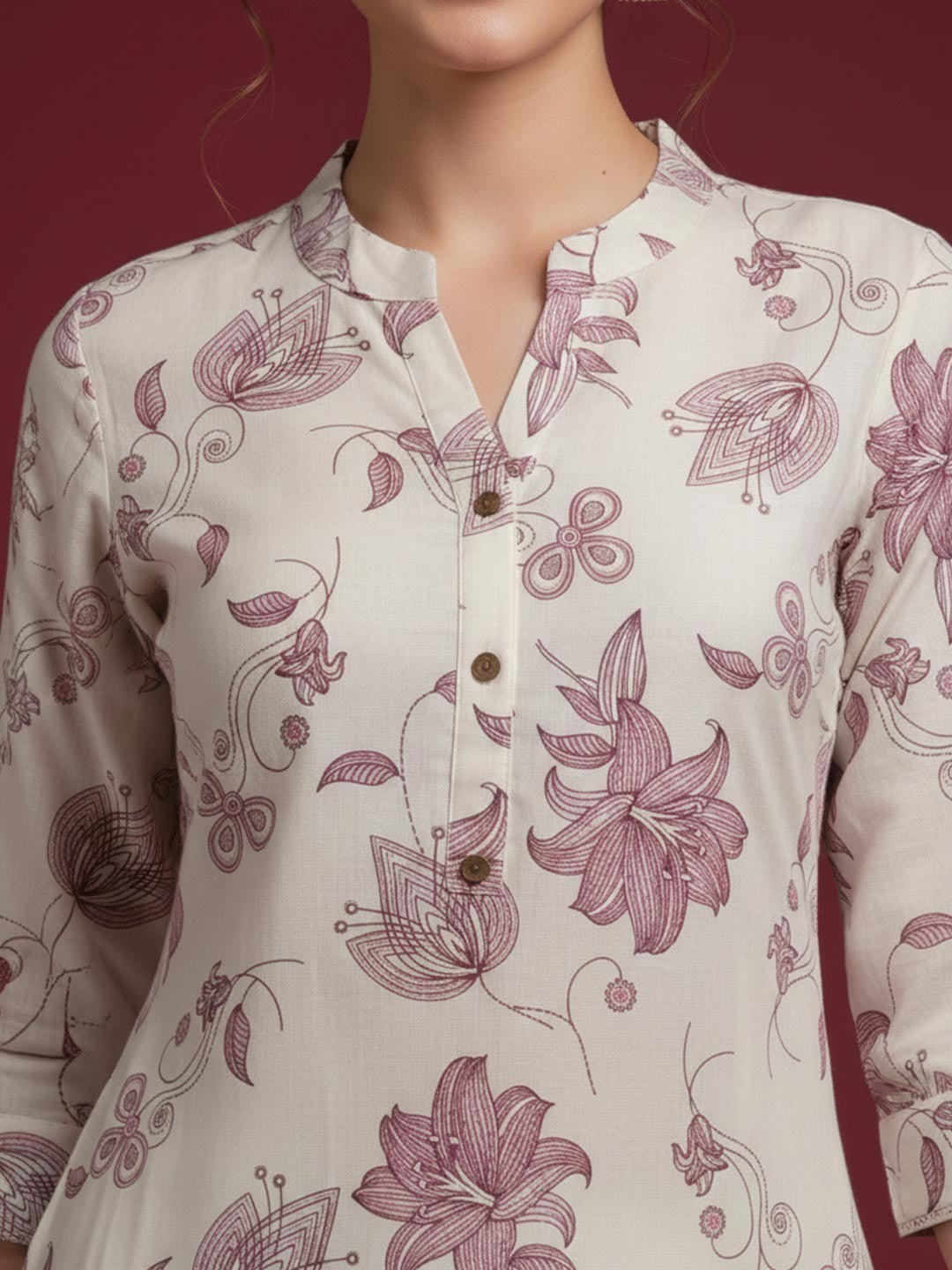 Ethnic Style Offwhite Floral Print Pure Cotton Straight Fit Kurti for Casual Wear - Image 3