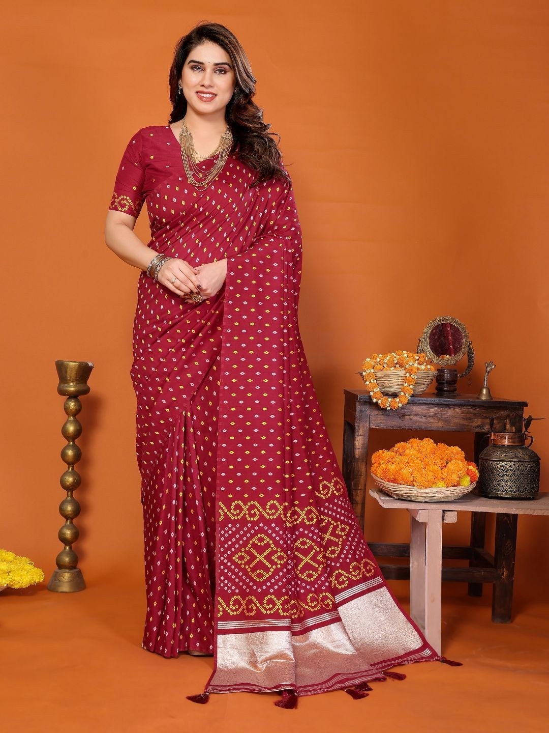 Timeless Maroon Cotton Silk Saree Showcasing Authentic Bandhani Print & Decorative Tassel Pallu - Image 1