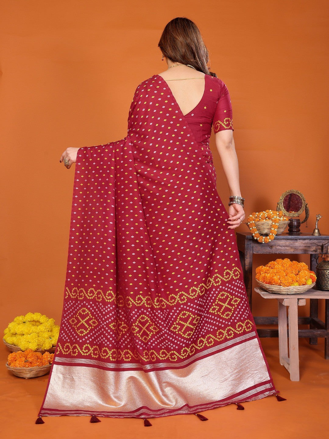Timeless Maroon Cotton Silk Saree Showcasing Authentic Bandhani Print & Decorative Tassel Pallu - Image 4