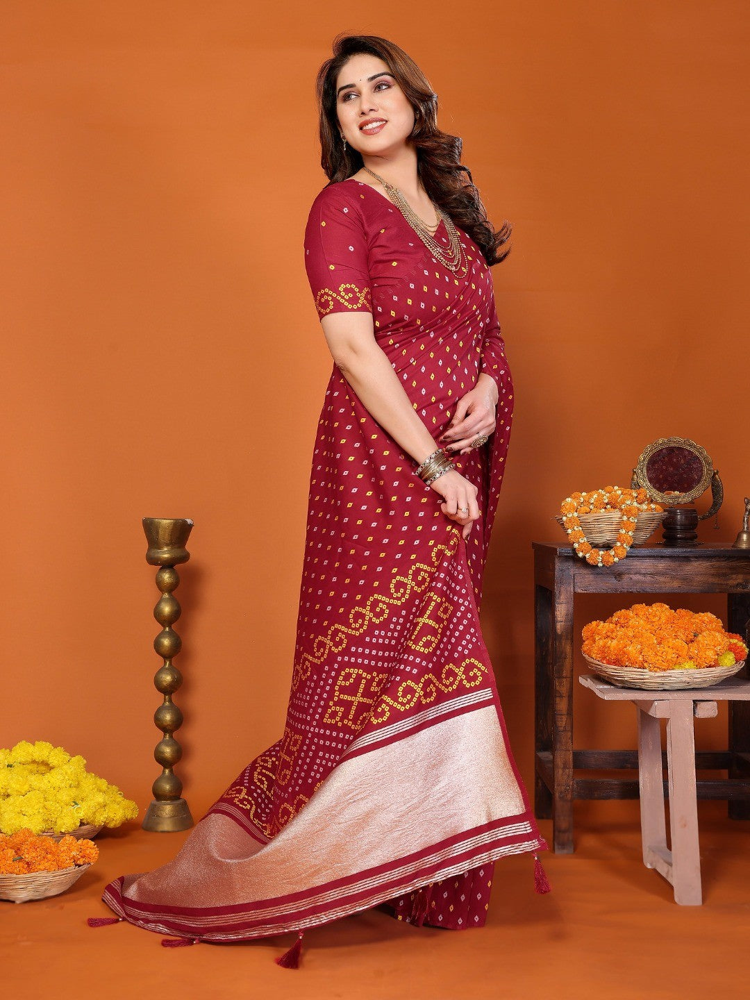 Timeless Maroon Cotton Silk Saree Showcasing Authentic Bandhani Print & Decorative Tassel Pallu - Image 3