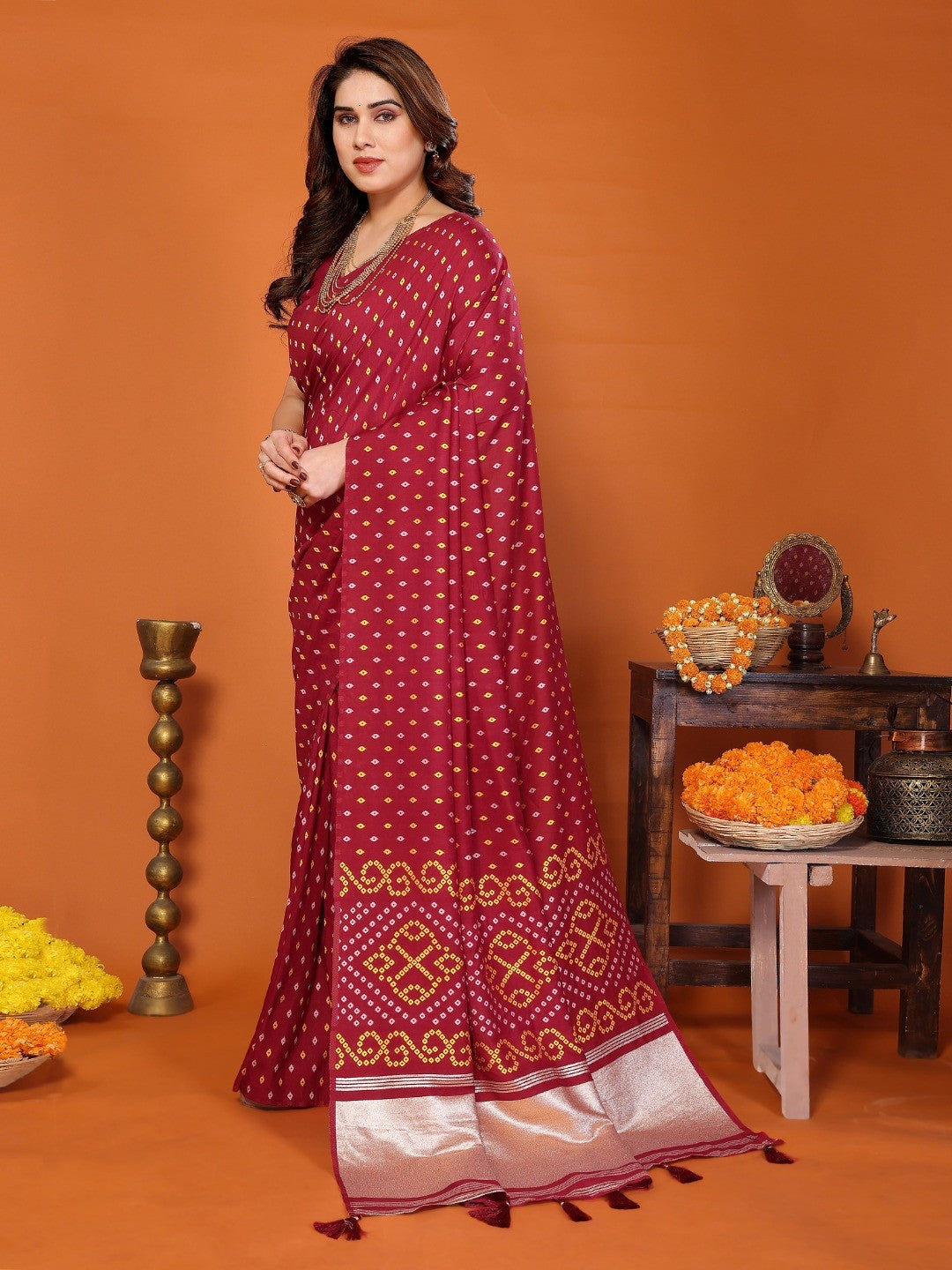 Timeless Maroon Cotton Silk Saree Showcasing Authentic Bandhani Print & Decorative Tassel Pallu - Image 2
