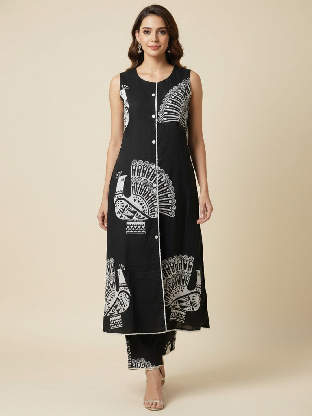 Trendy Black Peacock Feather Print Rayon Top with Coordinated Bottom - Image 1