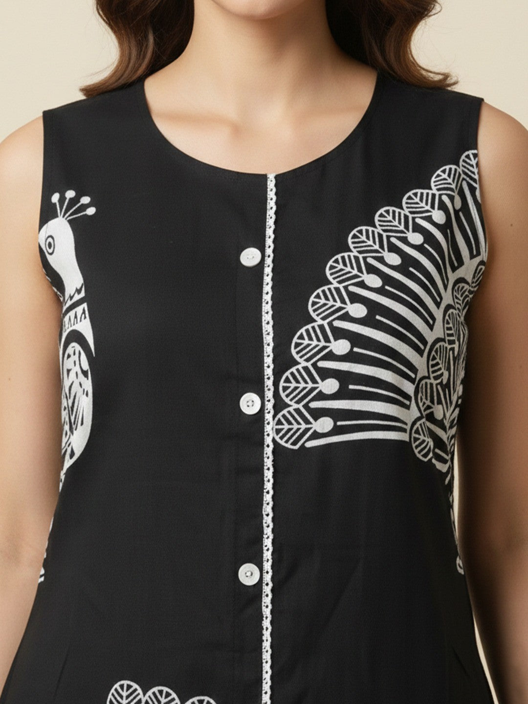Trendy Black Peacock Feather Print Rayon Top with Coordinated Bottom - Image 2