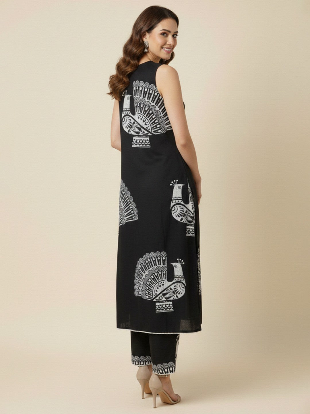 Trendy Black Peacock Feather Print Rayon Top with Coordinated Bottom - Image 3