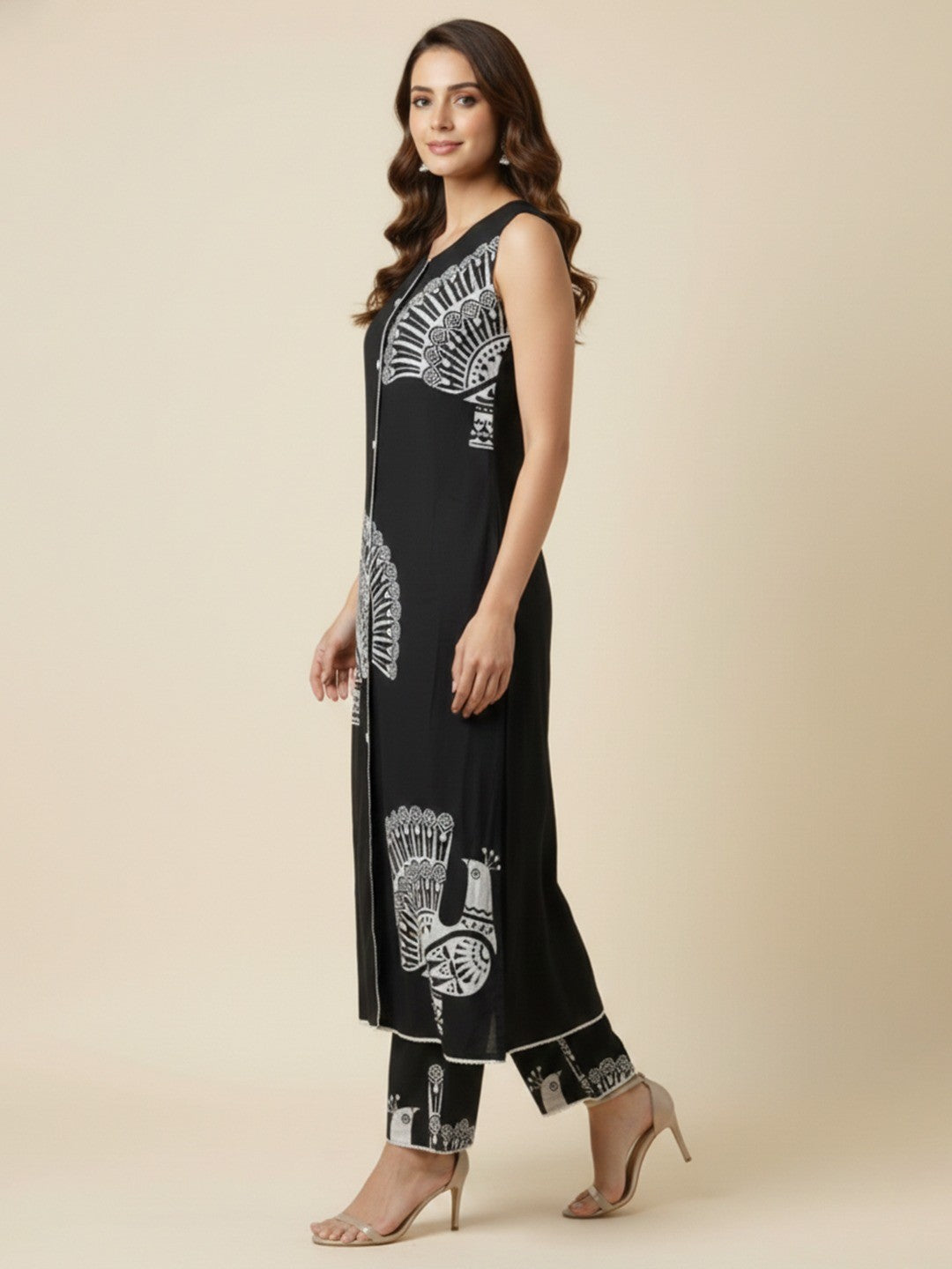 Trendy Black Peacock Feather Print Rayon Top with Coordinated Bottom - Image 4
