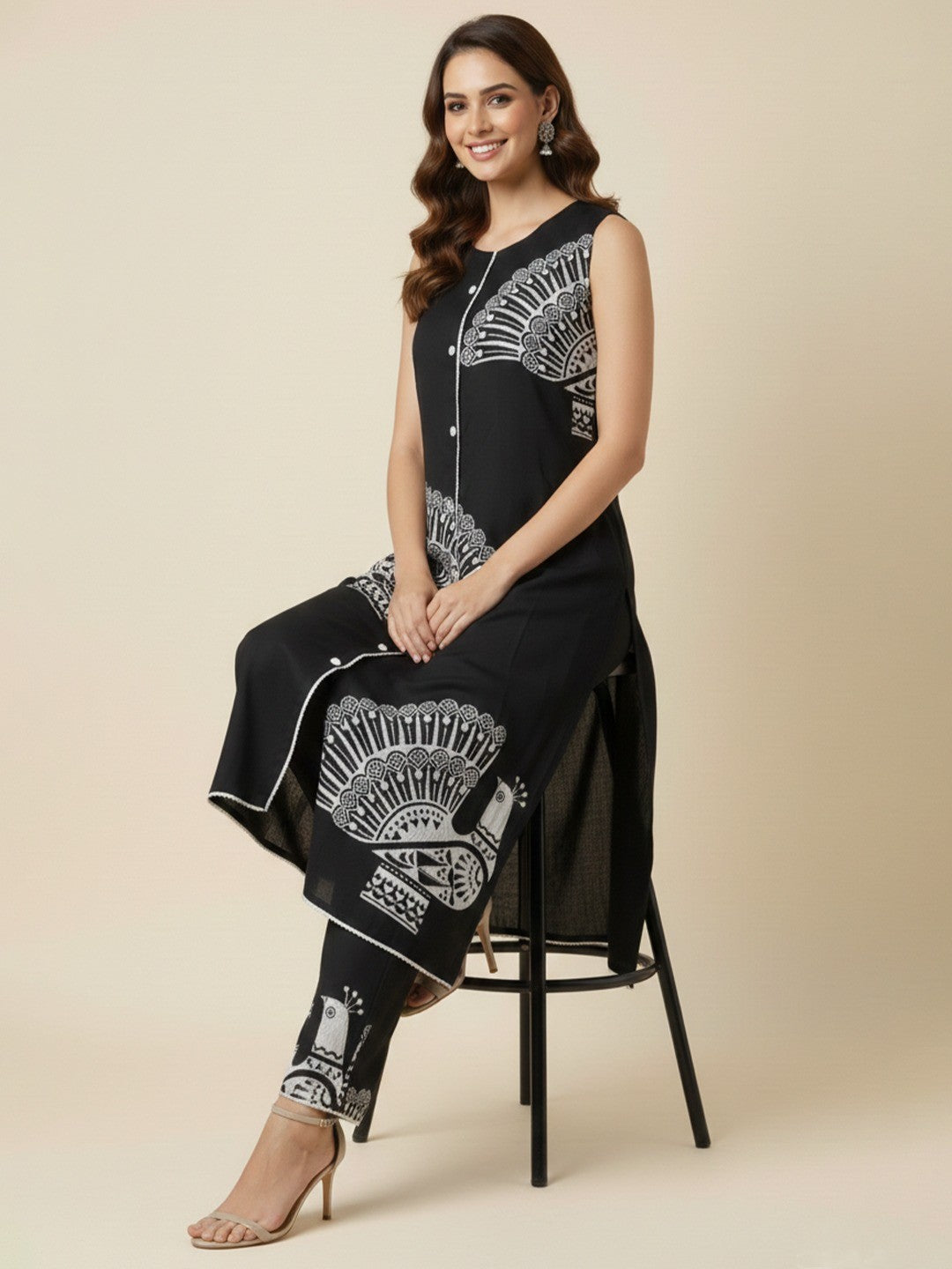 Trendy Black Peacock Feather Print Rayon Top with Coordinated Bottom - Image 2