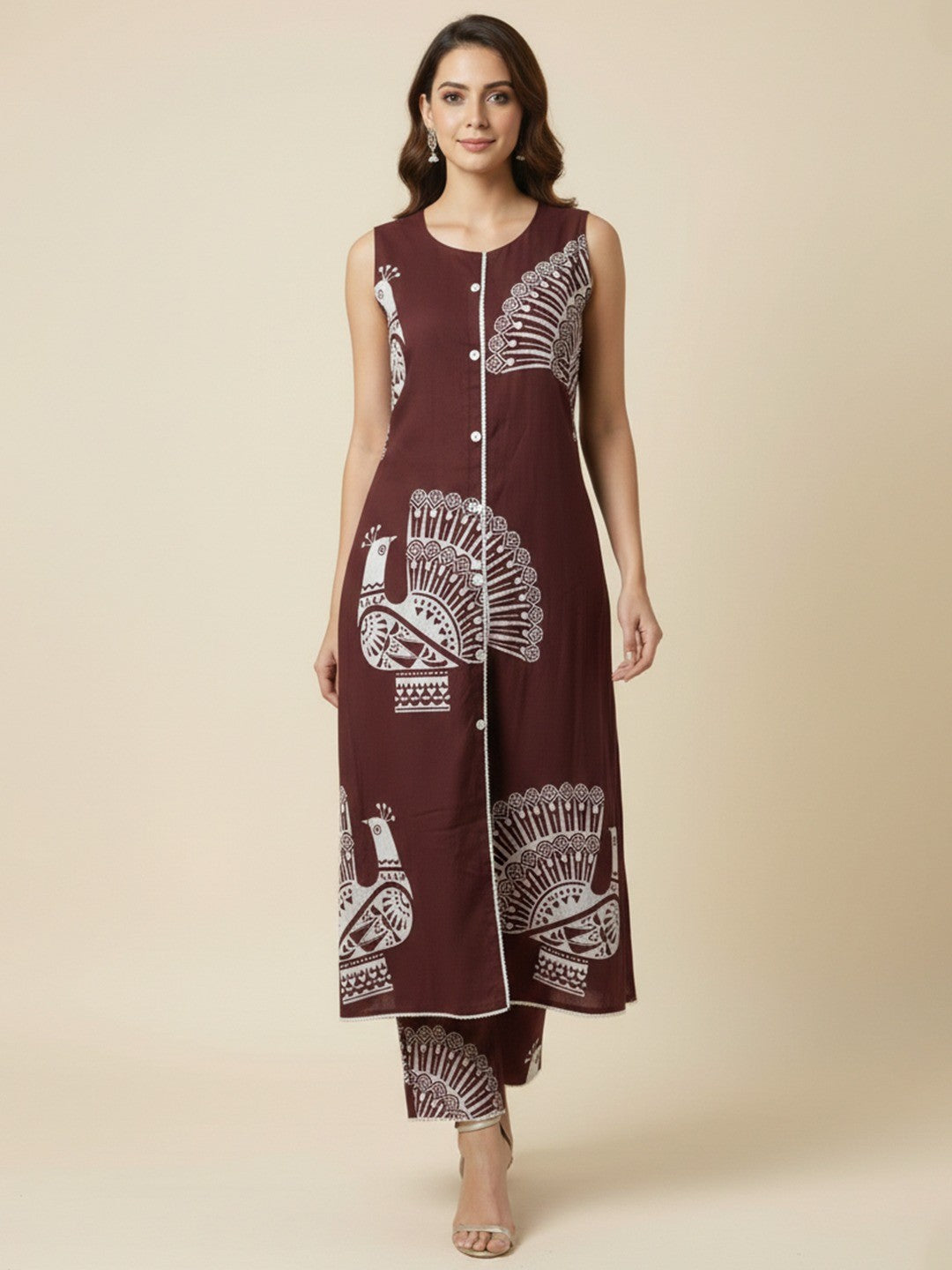 Trendy Wine Peacock Feather Print Rayon Top with Coordinated Bottom - Image 1