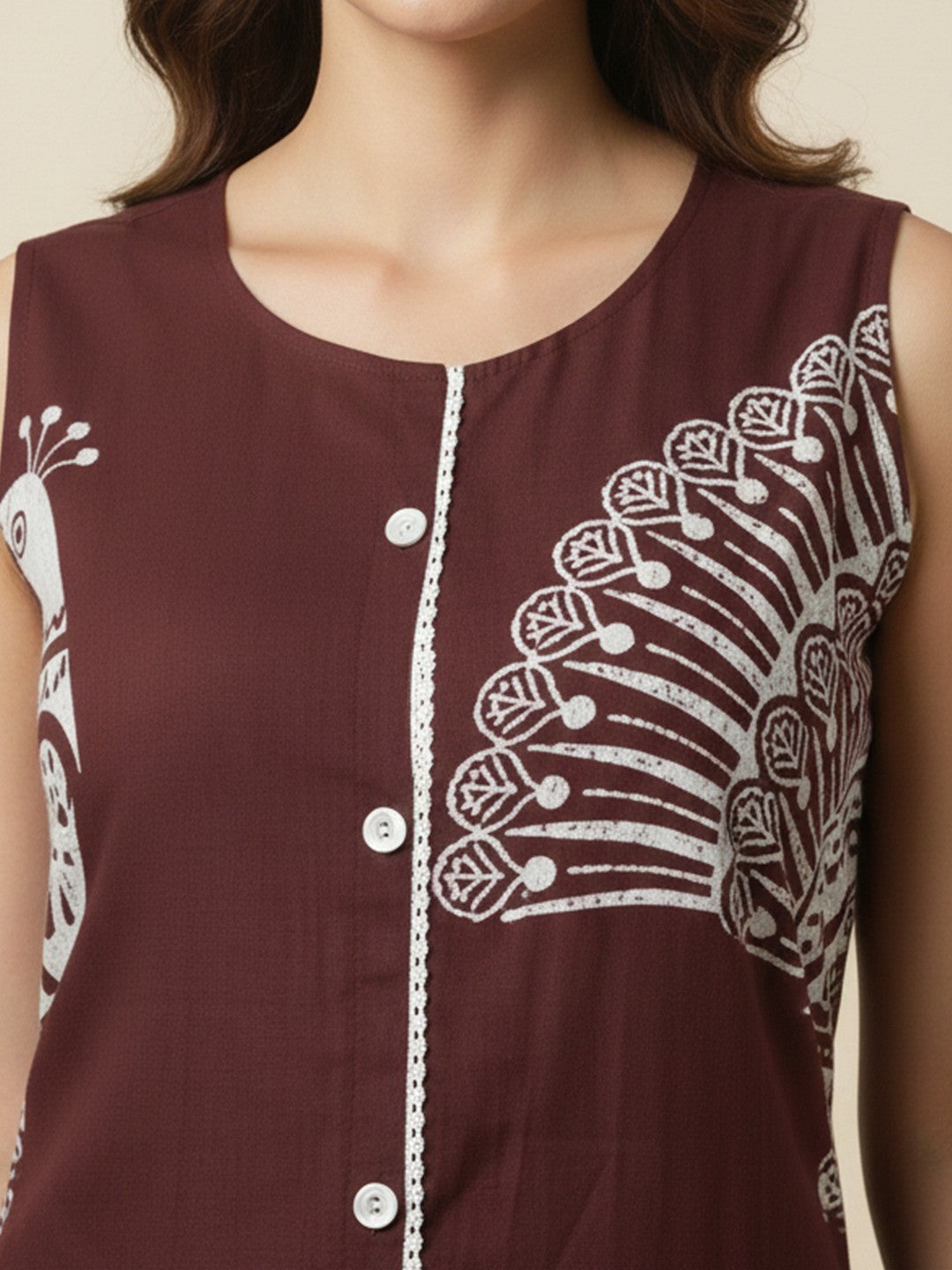 Trendy Wine Peacock Feather Print Rayon Top with Coordinated Bottom - Image 3