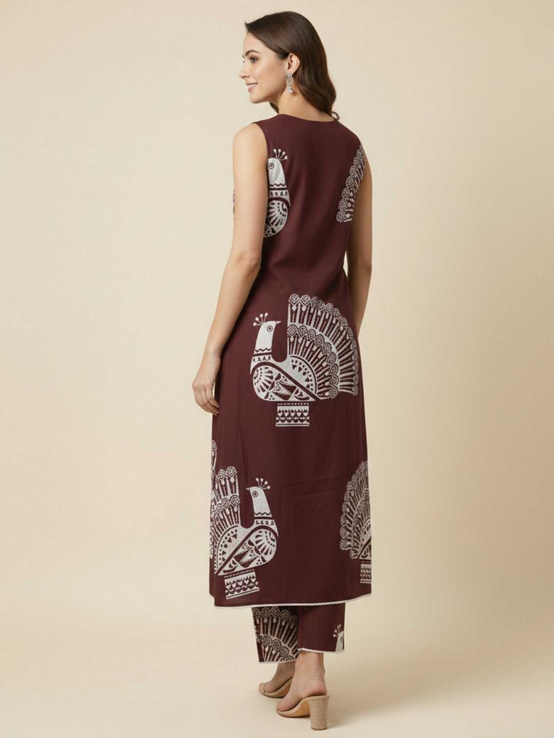 Trendy Wine Peacock Feather Print Rayon Top with Coordinated Bottom - Image 4