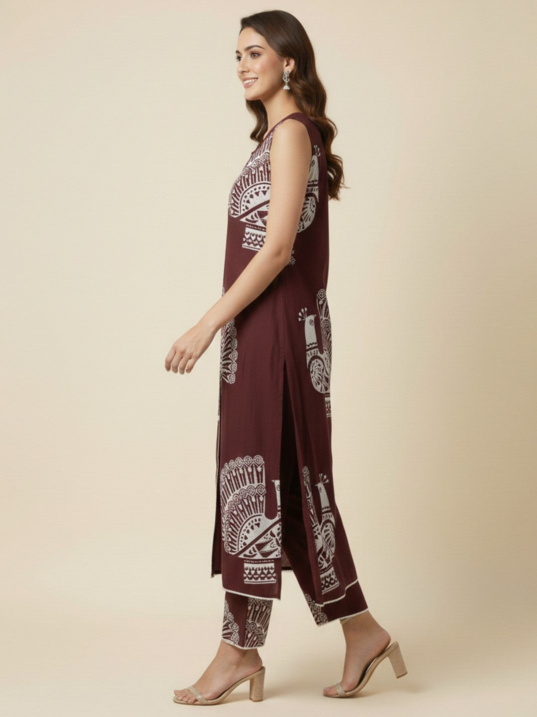 Trendy Wine Peacock Feather Print Rayon Top with Coordinated Bottom - Image 3