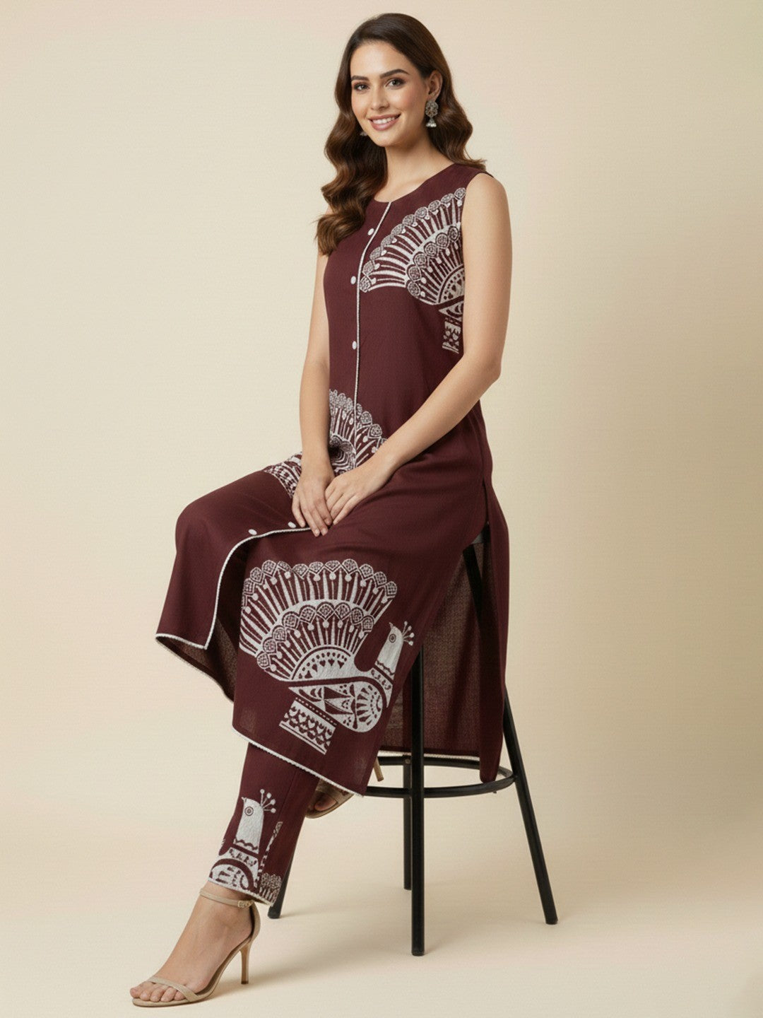 Trendy Wine Peacock Feather Print Rayon Top with Coordinated Bottom - Image 4