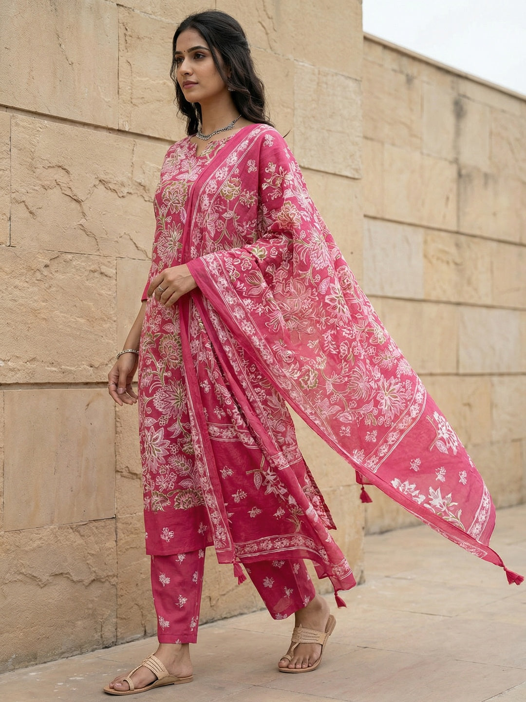 Beautiful Pink Floral Pattern Pure Cotton Kurta Salwar Set with Printed Dupatta - Image 4