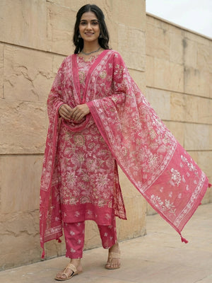 Beautiful Pink Floral Pattern Pure Cotton Kurta Salwar Set with Printed Dupatta - Image 1