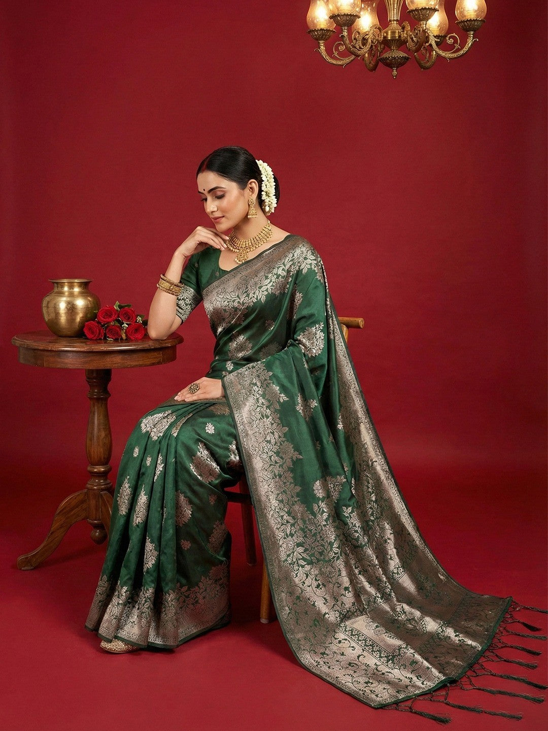 Regal Green Floral Woven Banarasi Silk Saree Accentuated With Rich Zari Weaving & Tassel Pallu - Image 3