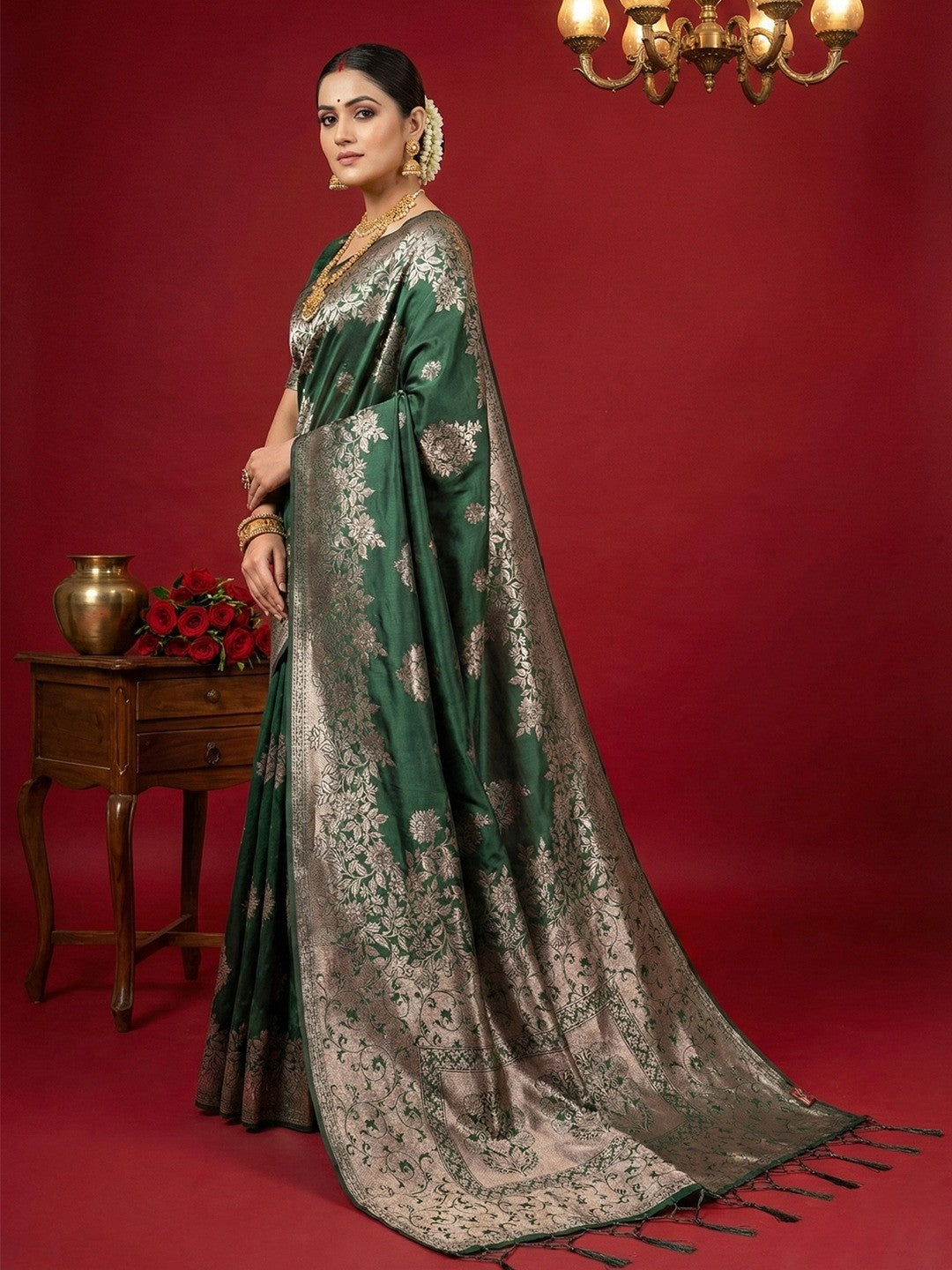 Regal Green Floral Woven Banarasi Silk Saree Accentuated With Rich Zari Weaving & Tassel Pallu - Image 3